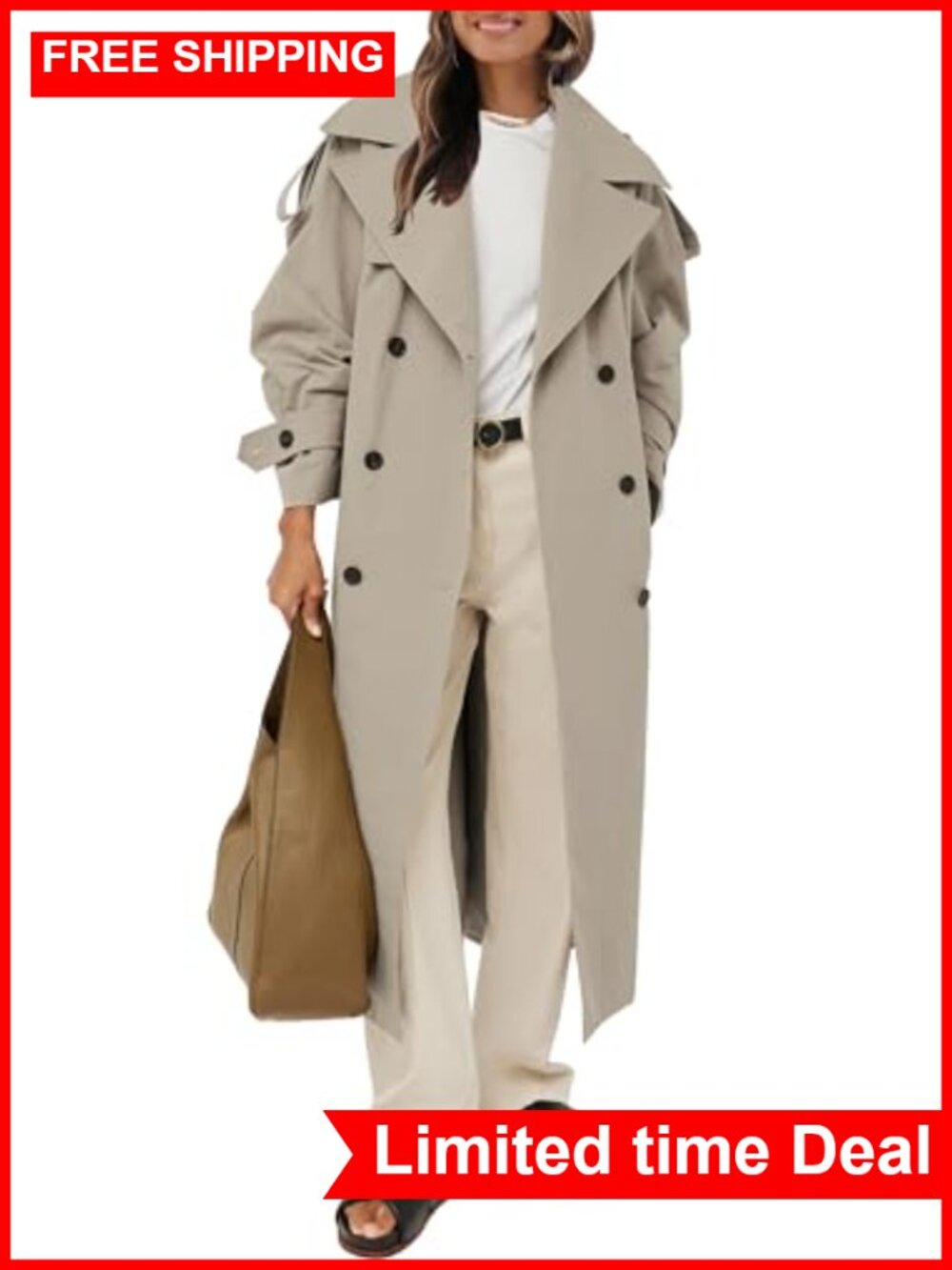 Oversized Long Trench Coat Double Breasted Lapel Windproof Polyester